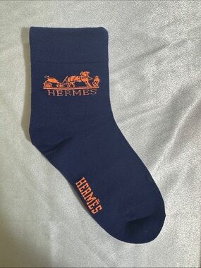 New! Hermes Men's Navy Socks with Orange Logo